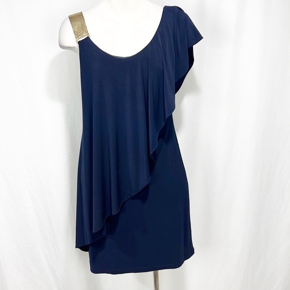 Betsy & Adam Navy Blue Gold Metal Mesh Ruffle One Shoulder Sheath Dress 4 NWT - Picture 12 of 13